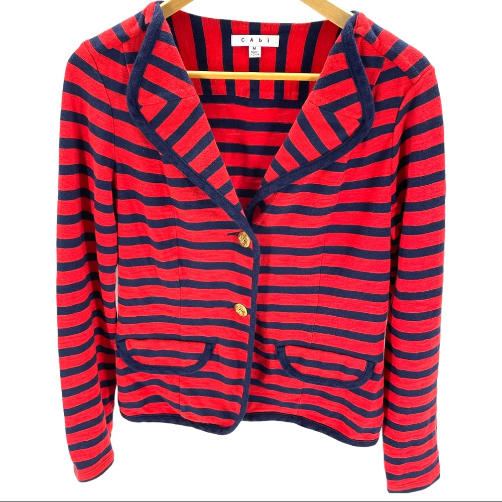 CAbi Red Navy Striped Yacht Club Button Blazer